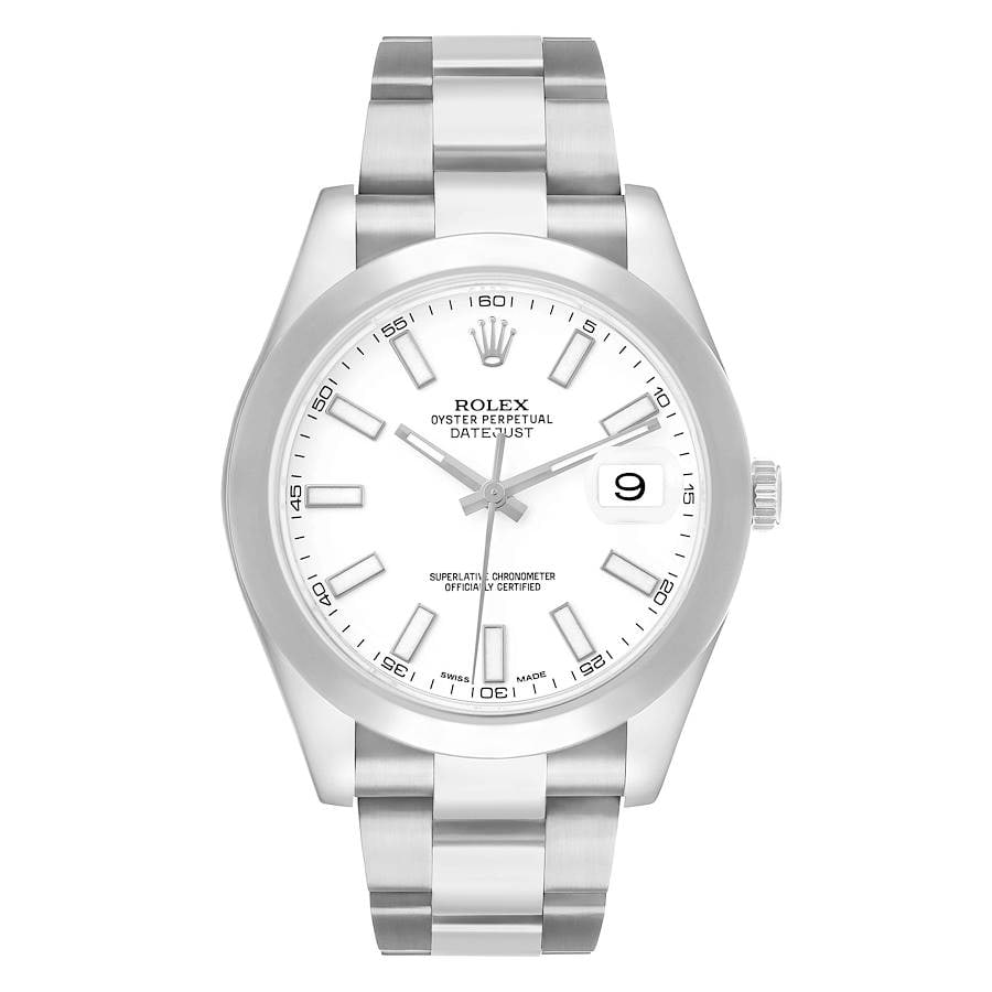 Rolex 116300 Datejust II 2013 Oyster Bracelet White Stick Dial with Card: Rolex 116300 Datejust II 2013 Oyster Bracelet White Stick Dial with Card This Rolex Datejust II features a white stick dial and a smooth bezel, paired with an Oyster bracelet. The watch is identified