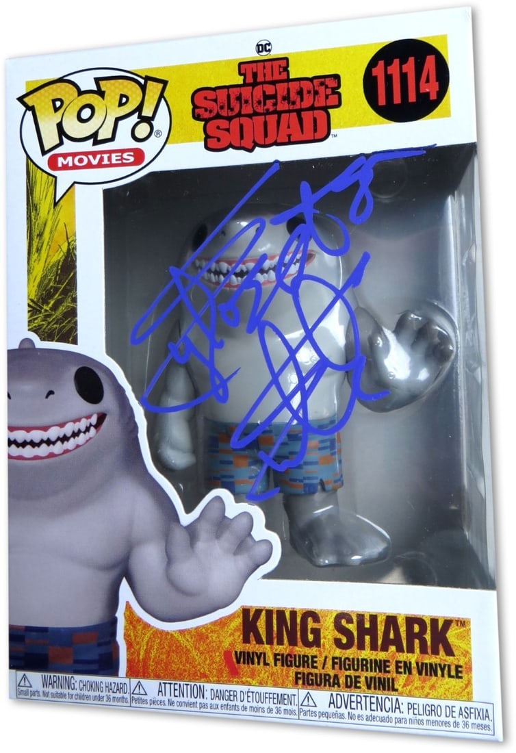 Sylvester Stallone Autographed King Shark Funko POP JSA Certified: Sylvester Stallone Autographed King Shark Funko POP JSA Certified This collectible Funko POP! figure features King Shark and is signed by the iconic actor Sylvester Stallone. The autograph comes with
