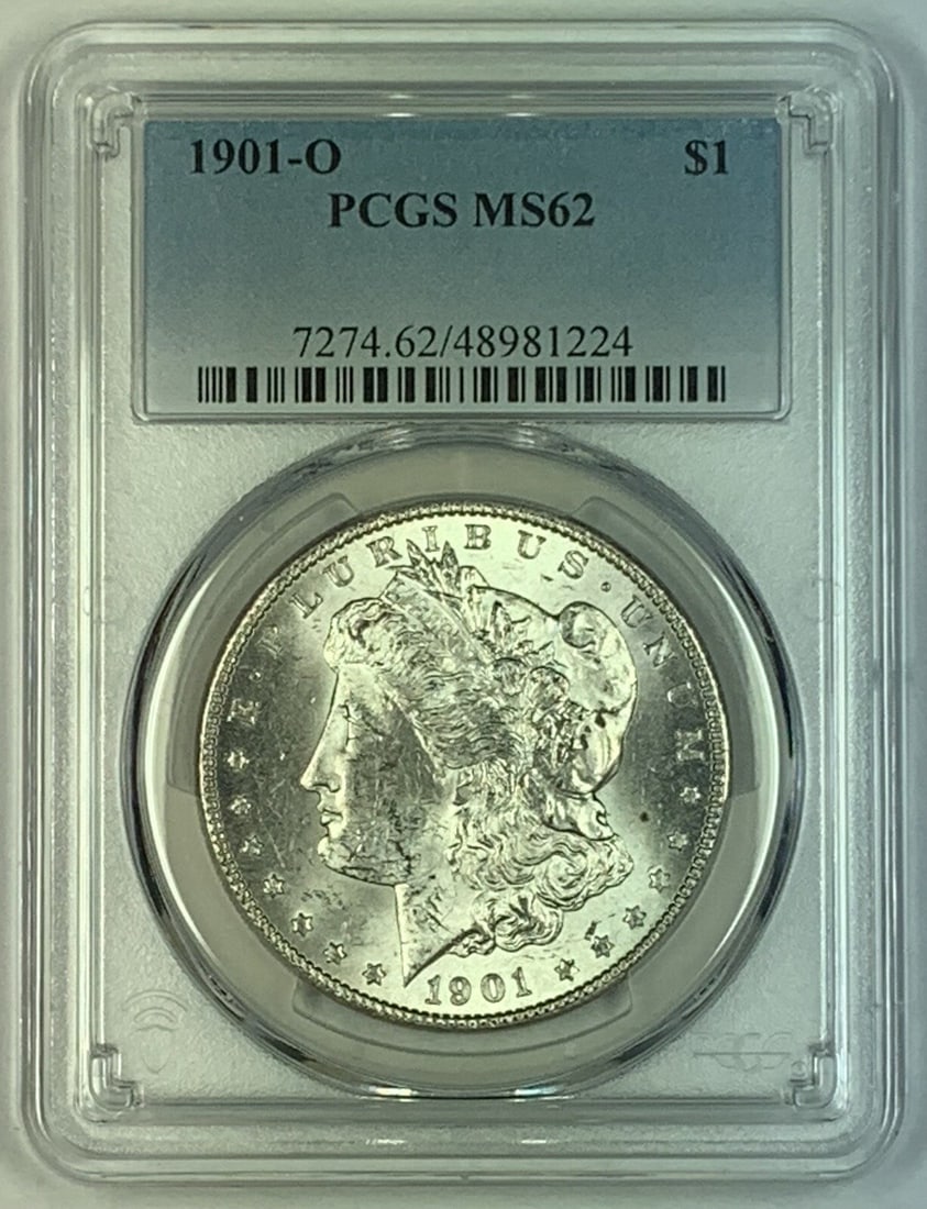 PCGS MS 62 1901-O Morgan Silver Dollar Uncirculated Certified Coin: PCGS MS 62 1901-O Morgan Silver Dollar Uncirculated Certified Coin This is a 1901-O Morgan Silver Dollar coin from the United States, featuring an uncirculated condition and graded MS 62 by PCGS. The