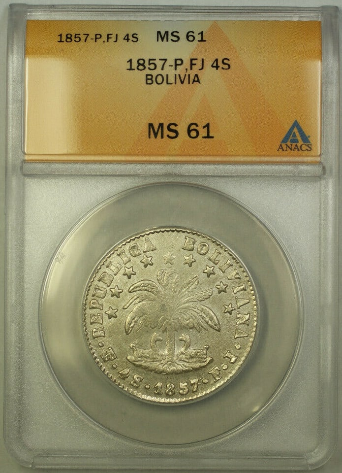 Bolivia 1857 4 Soles Silver ANACS MS61 Certified Coin: Bolivia 1857 4 Soles Silver ANACS MS61 Certified Coin This 1857-P FJ 4 Soles coin from Bolivia is composed of silver with a fineness of 0.667. Certified by ANACS and graded MS 61, this uncirculated