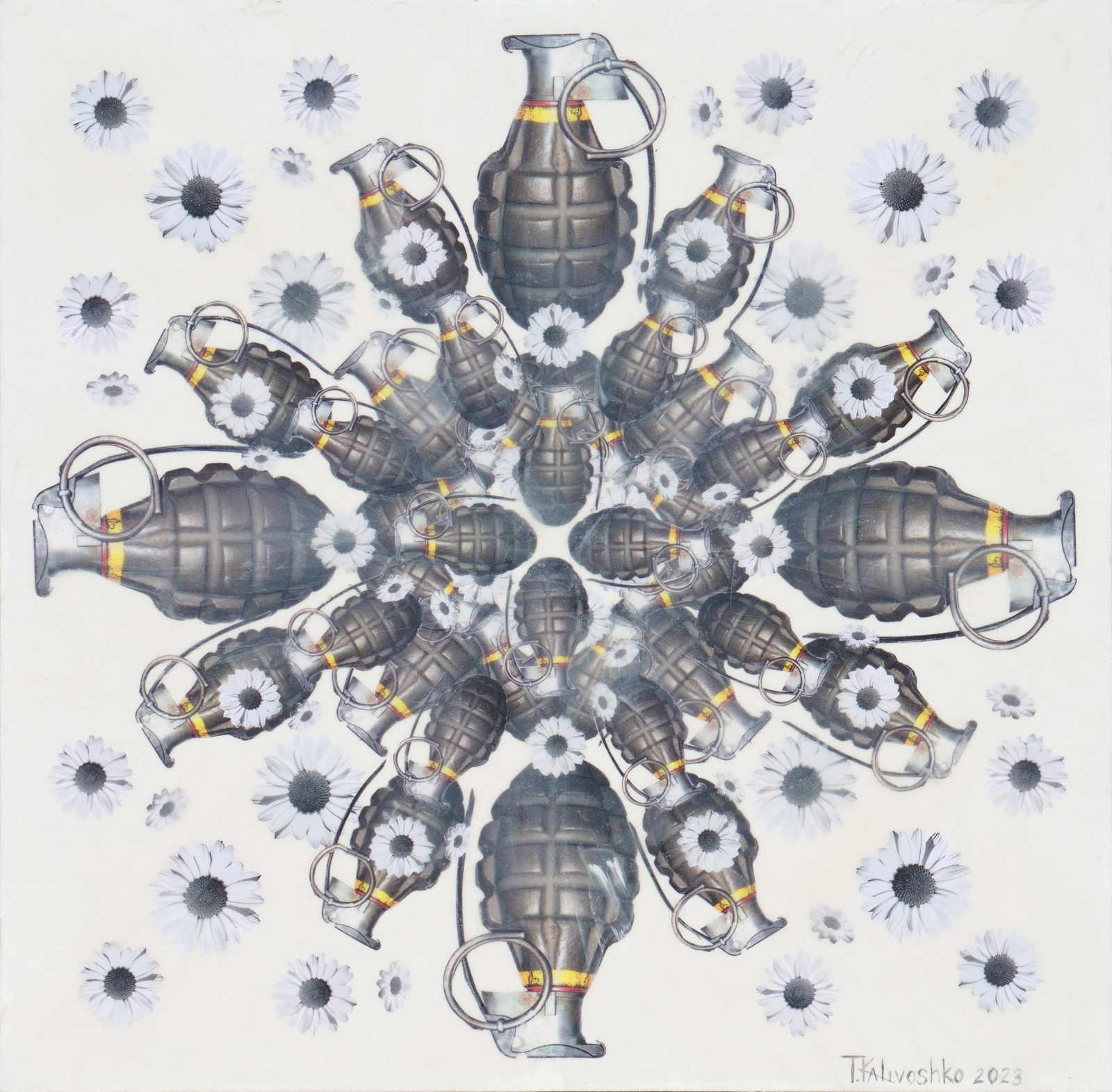 Tetiana Kalivoshko Explosion Mandala 24x24 Mixed Media Art 2023: Tetiana Kalivoshko Explosion Mandala 24x24 Mixed Media Art 2023 "Explosion Mandala" is a captivating 24" x 24" mixed media artwork by Tetiana Kalivoshko, created in 2023. This piece is part of the