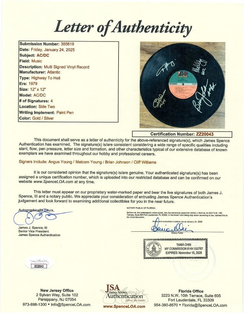 AC/DC Signed Highway To Hell Vinyl Record Framed JSA Authenticated - 3