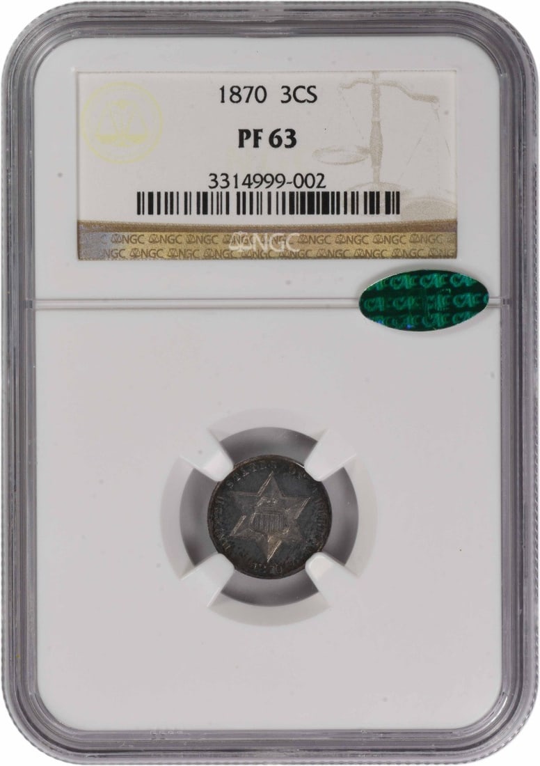 1870 Proof Three Cent Silver Coin PR63 NGC CAC Philadelphia: 1870 Proof Three Cent Silver Coin PR63 NGC CAC Philadelphia This 1870 Three Cent Silver coin is a proof strike, graded PR63 by NGC and verified by CAC. Minted in Philadelphia, it features a