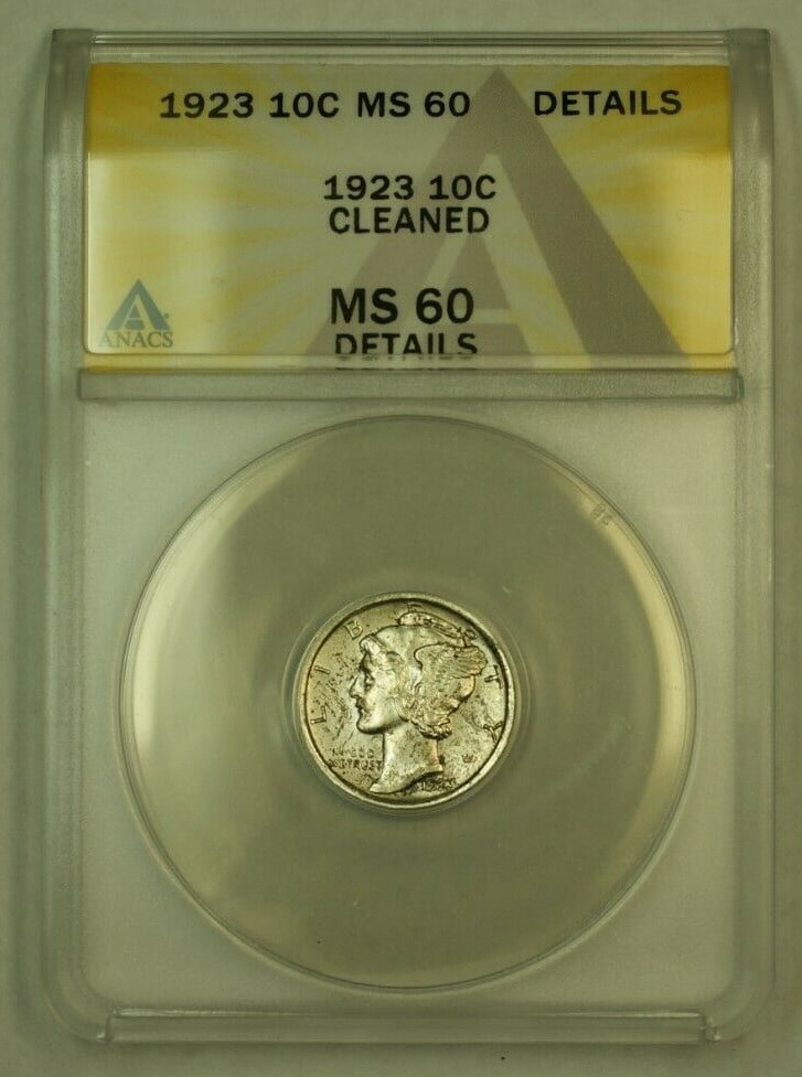 ANACS MS-60 1923 Mercury Dime Silver Coin Toned Uncirculated Philadelphia: ANACS MS-60 1923 Mercury Dime Silver Coin Toned Uncirculated Philadelphia This is a 1923 Mercury Dime graded MS-60 by ANACS. The coin is uncirculated, features a toned appearance, and remains uncleane