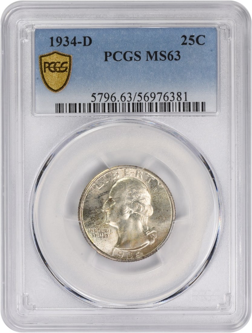 MS63 PCGS 1934-D Silver Washington Quarter United States Coin: MS63 PCGS 1934-D Silver Washington Quarter United States Coin This 1934-D Washington Quarter is an uncirculated silver coin graded MS63 by PCGS. Minted in Denver, it features the classic Washington de
