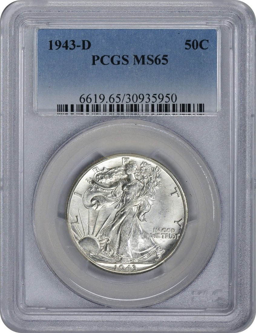 1943-D Walking Liberty Half Dollar MS65 PCGS Uncirculated Silver Coin: 1943-D Walking Liberty Half Dollar MS65 PCGS Uncirculated Silver Coin This 1943-D Walking Liberty Silver Half Dollar is a stunning example of American coinage, graded MS65 by PCGS. Struck at the Denve