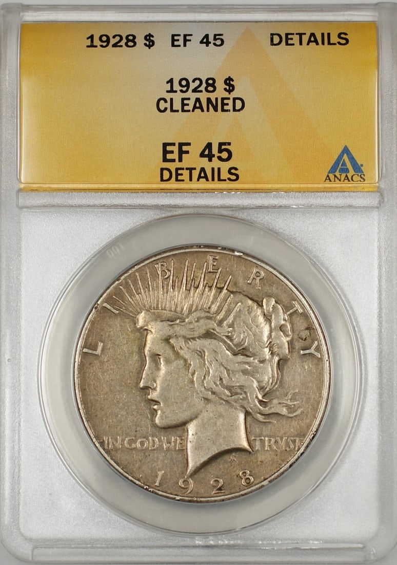 Set of 10 1928 Peace Silver Dollars ANACS EF-45 Details Philadelphia: Set of 10 1928 Peace Silver Dollars ANACS EF-45 Details Philadelphia This 1928 Peace Silver Dollar $1 coin has been certified by ANACS with a grade of EF 45 Details and noted as cleaned. Minted in Phi
