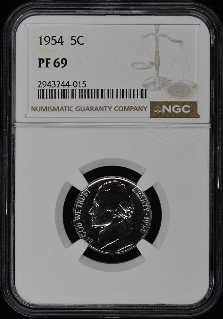 1954 Jefferson Nickel NGC PR69 Proof Uncirculated: 1954 Jefferson Nickel NGC PR69 Proof Uncirculated This 1954 Jefferson Nickel is a stunning piece, certified by NGC with a perfect Grade of PR69. As an uncirculated proof struck at the Philadelphia Min