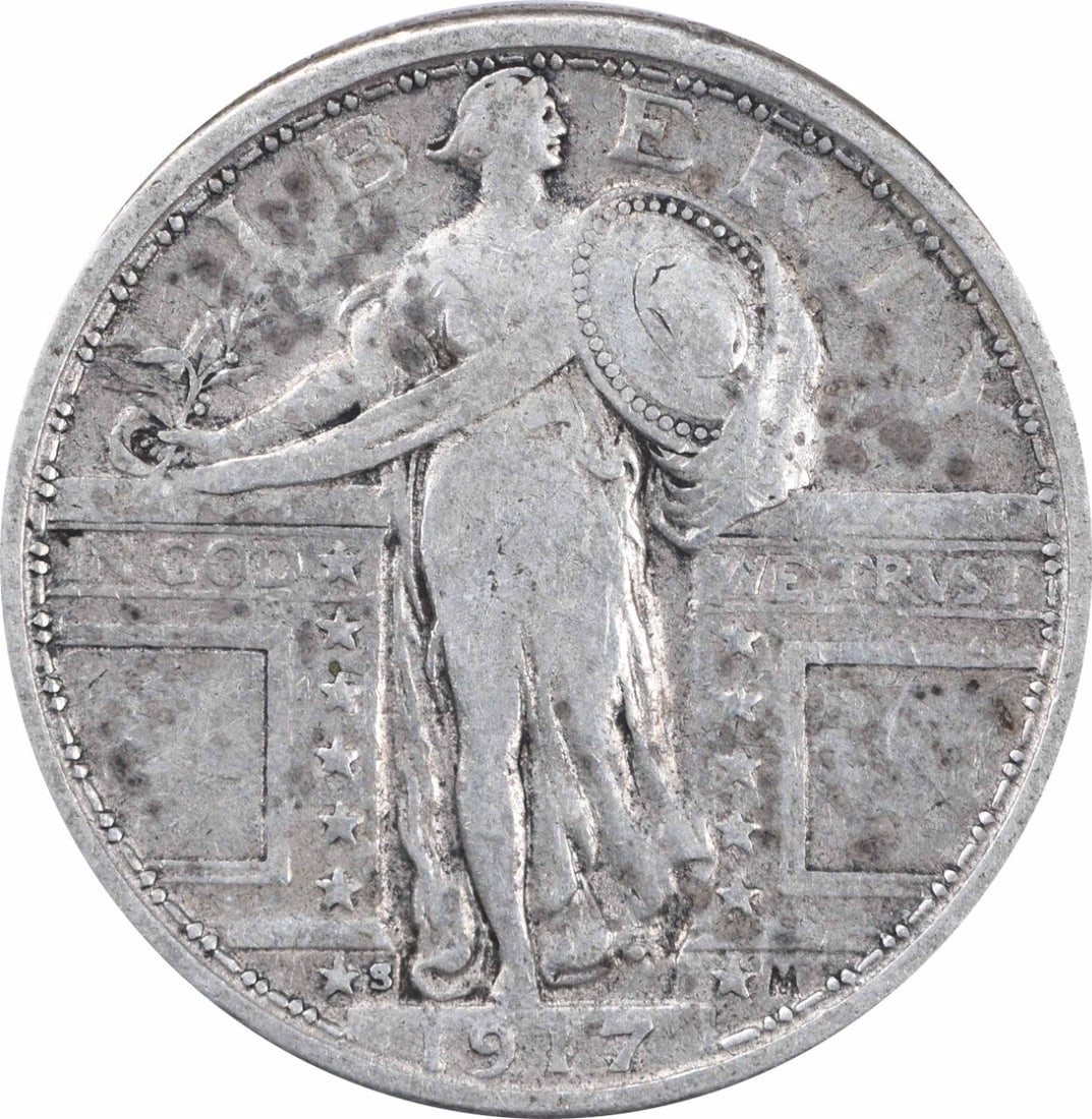 1917 San Francisco Standing Liberty 25C Type 1 Silver Quarter Uncertified: 1917 San Francisco Standing Liberty 25C Type 1 Silver Quarter Uncertified This 1917-S Standing Liberty Quarter is a Type 1 silver coin minted in San Francisco. Designed by Hermon A. Mac Neil, it featu