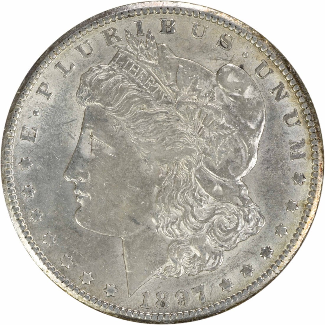 1897-S Morgan Silver Dollar AU Uncertified 90% Silver Coin: 1897-S Morgan Silver Dollar AU Uncertified 90% Silver Coin This 1897-S Morgan Silver Dollar is a striking piece of American coinage, featuring a classic design by George T. Morgan. The coin is circula