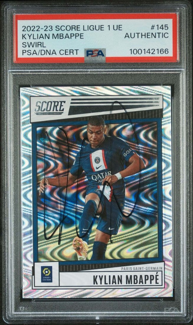 Kylian Mbappe Signed 2022-23 Panini Score PSG Swirl Card PSA/DNA: Kylian Mbappe Signed 2022-23 Panini Score PSG Swirl Card PSA/DNA This is a 2022-23 Panini Score Ligue 1 PSG Swirl trading card featuring Kylian Mbappe, the star player of Paris Saint-Germain. The card