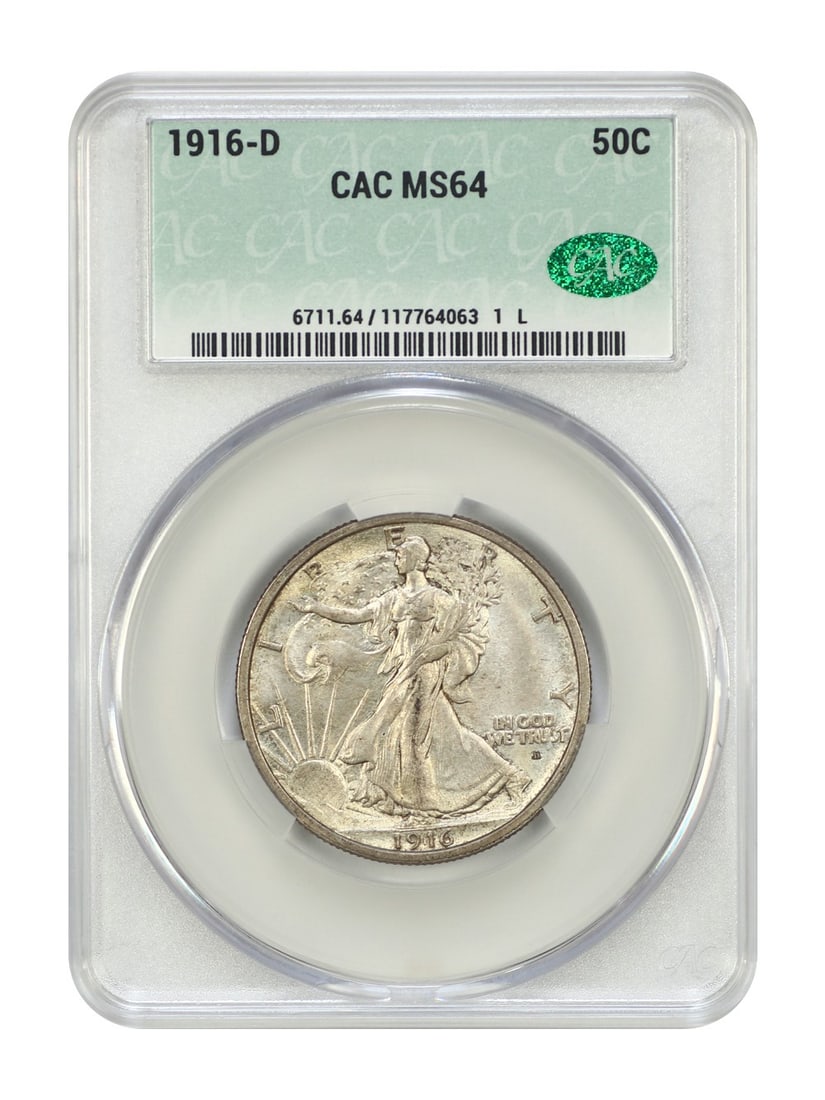 CACG MS64 1916 Denver Walking Liberty Half Dollar 50C: CACG MS64 1916 Denver Walking Liberty Half Dollar 50C This 1916-D Walking Liberty Half Dollar is a popular first-year issue from the Denver mint. Graded MS64 by CACG, it features boldly defined detail