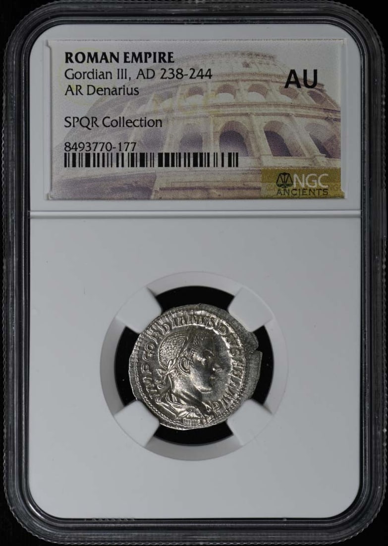 Roman Denarius Silver Coin of Gordian III NGC AU50 Certified: Roman Denarius Silver Coin of Gordian III NGC AU50 Certified This is a Roman Empire AR Denarius coin from the reign of Gordian III, dated AD 238-244. The coin is certified by NGC with a grade of AU (A