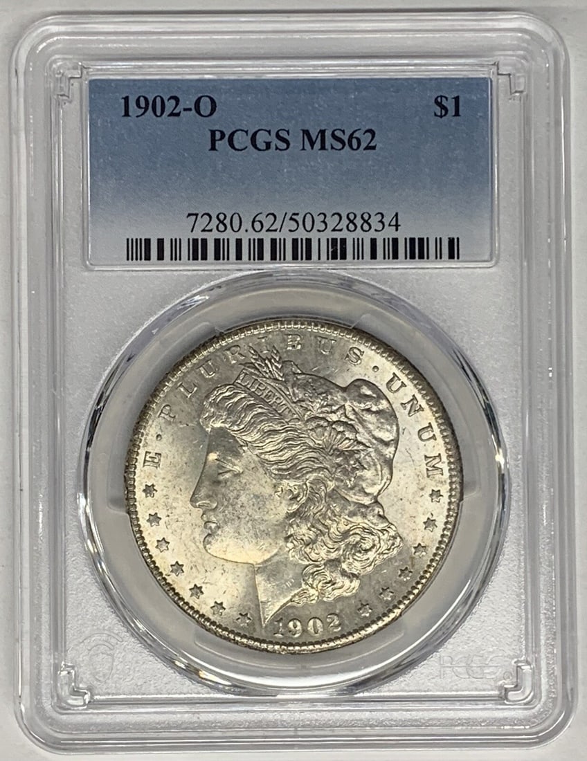 PCGS MS62 1902-O Morgan Dollar Silver Coin United States $1: PCGS MS62 1902-O Morgan Dollar Silver Coin United States $1 This is a 1902-O Morgan Silver Dollar coin from the United States, graded MS 62 by PCGS. The coin is uncirculated and composed of silver, wi