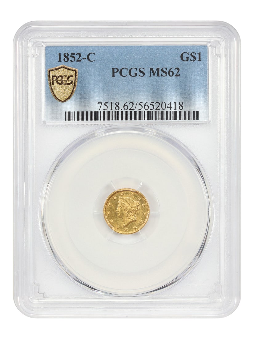 Charlotte Mint 1852-C Gold Dollar PCGS MS62 Certified Coin: Charlotte Mint 1852-C Gold Dollar PCGS MS62 Certified Coin This 1852-C Gold Dollar is a Mint State coin graded MS62 by PCGS. Struck at the Charlotte Mint, it is part of a low mintage of just 9,434 pie