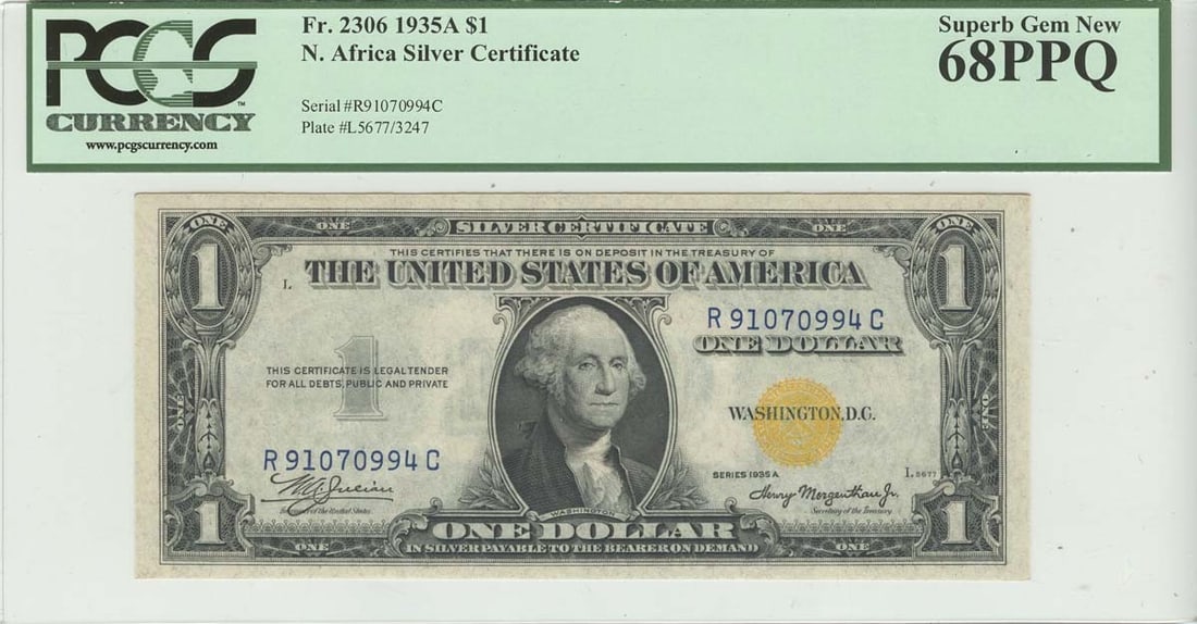 1935A $1 North Africa PCGS 68 Superb GEM UNC PPQ Currency Note: 1935A $1 North Africa PCGS 68 Superb GEM UNC PPQ Currency Note This 1935A $1 North Africa note is a remarkable piece in Uncirculated condition, graded MS68 by PCGS Currency. It showcases the exception