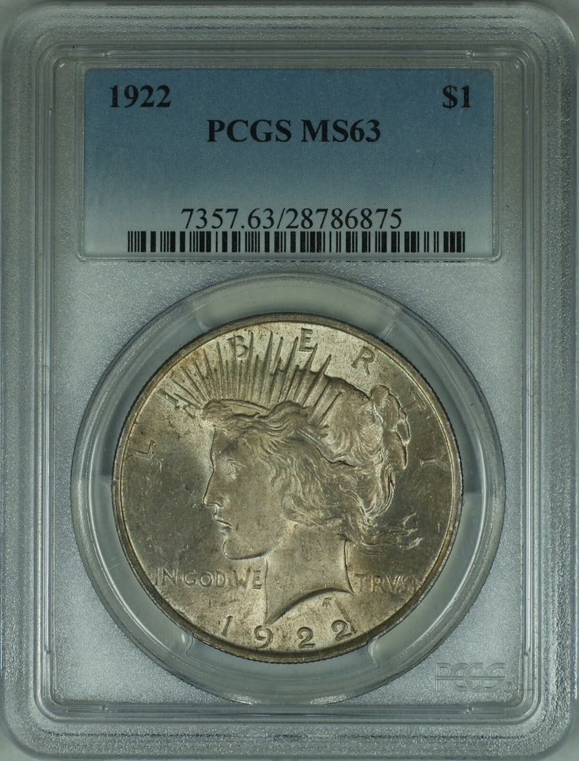 PCGS MS-63 1922 Peace Dollar Silver Coin Light Toning: PCGS MS-63 1922 Peace Dollar Silver Coin Light Toning This 1922 Peace Silver Dollar is certified by PCGS with a grade of MS-63 and is lightly toned. Minted in Philadelphia, it is an uncirculated, pre-