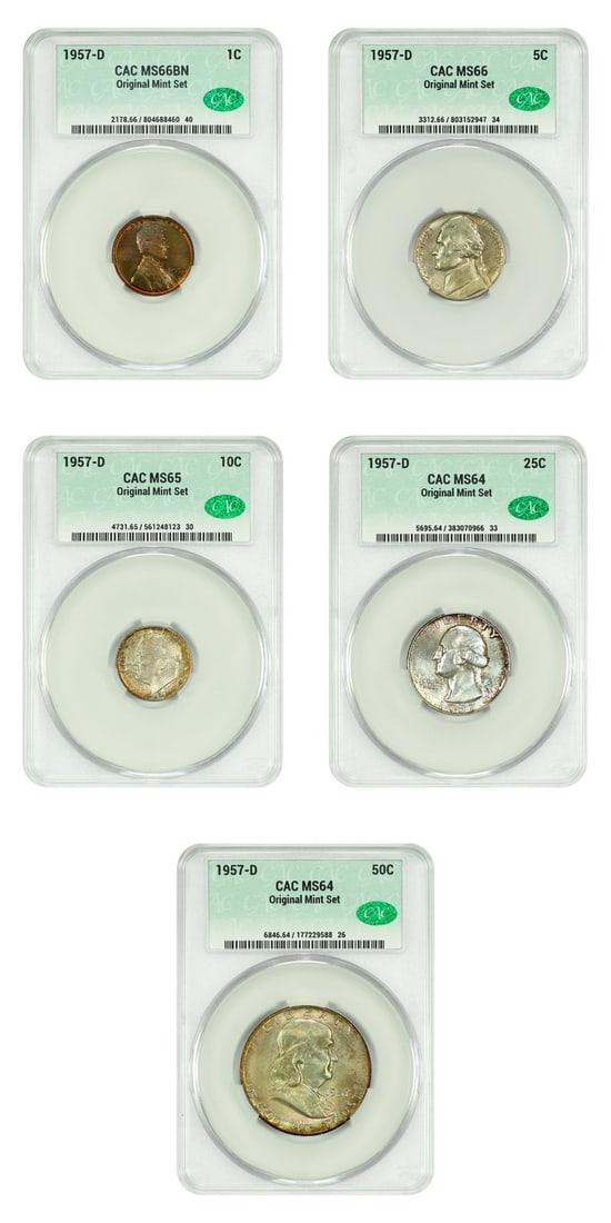 1957-D Mint Set Lot of 5 Coins CACG MS64-66 Uncirculated: 1957-D Mint Set Lot of 5 Coins CACG MS64-66 Uncirculated This lot features five uncirculated coins from the original 1957 mint set, all certified by CACG. Included are the following denominations: 1 C