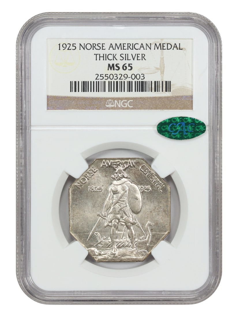 Norse American 1925 Thick Silver Medal MS65 NGC CAC Commemorative Issue: Norse American 1925 Thick Silver Medal MS65 NGC CAC Commemorative Issue This 1925 Norse American Medal is an uncirculated commemorative piece certified by NGC and approved by CAC with a grade of MS65.