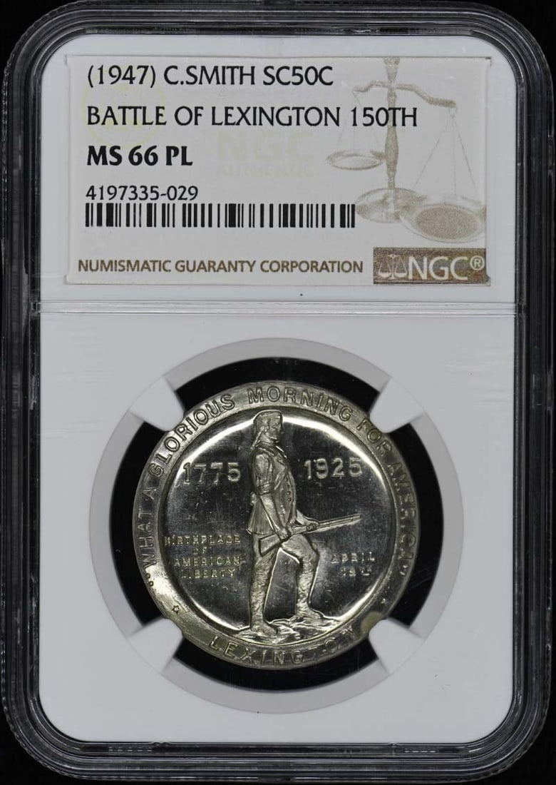 1947 Battle of Lexington 150th Anniversary Half Dollar NGC MS66PL: 1947 Battle of Lexington 150th Anniversary Half Dollar NGC MS66PL This is a 1947 C. Smith Battle of Lexington 150th Anniversary commemorative half dollar, graded MS66PL by NGC. The coin is uncirculate