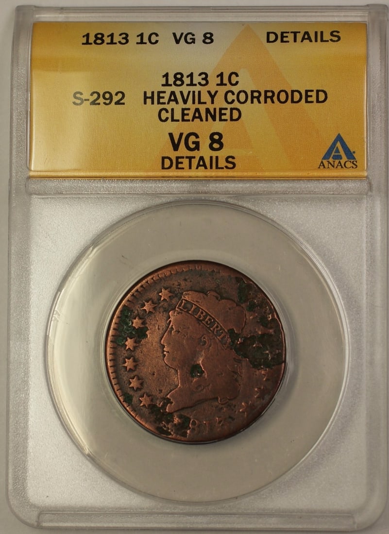 1813 Classic Head Large Cent Copper Coin ANACS VG 8 Details S-292 (1 of 2)