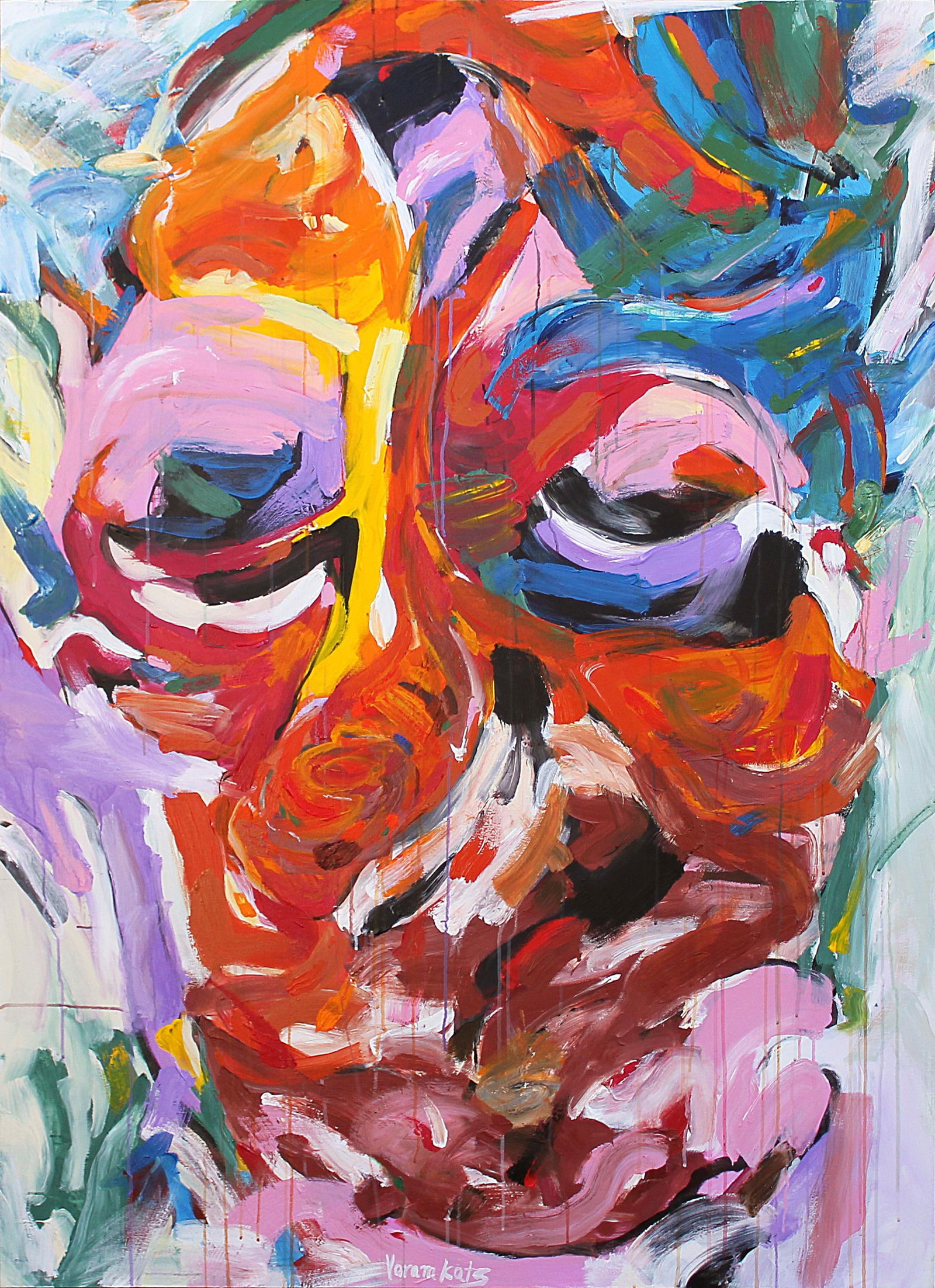 Yoram Katz 'Clown' Abstract Painting 72 x 48 Acrylic on Canvas: Yoram Katz 'Clown' Abstract Painting 72 x 48 Acrylic on Canvas This captivating abstract painting, titled "Clown," was created by artist Yoram Katz in 1992. Measuring 72 x 48 inches, this piece showca