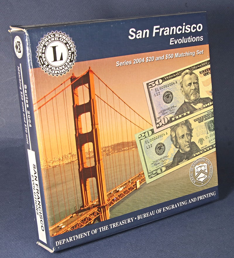 2004 $20 & $50 San Francisco Matching Evolutions Set #EL00002149A: 2004 $20 & $50 San Francisco Matching Evolutions Set #EL00002149A This Series 2004 $20 and $50 Matching Evolutions Set from San Francisco features two uncirculated Federal Reserve Notes, showcasing th