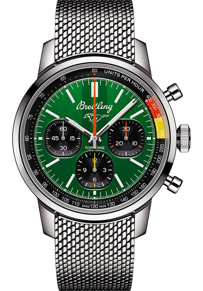 Top Time B01 Green Dial Wristwatch Ref AB01762A1L1A1 with Card: Top Time B01 Green Dial Wristwatch Ref AB01762A1L1A1 with Card This Breitling Top Time B01 B&P features a striking green dial and comes with its original card, dated 2025. The watch is equipped with a