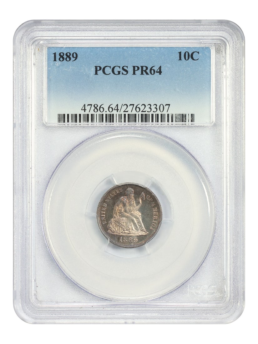 1889 Proof Liberty Seated Dime PCGS PR64 Certified 10C Coin: 1889 Proof Liberty Seated Dime PCGS PR64 Certified 10C Coin This is an 1889 Liberty Seated Dime graded PR64 by PCGS. It is an uncirculated, proof strike coin struck at the Philadelphia Mint, featuring