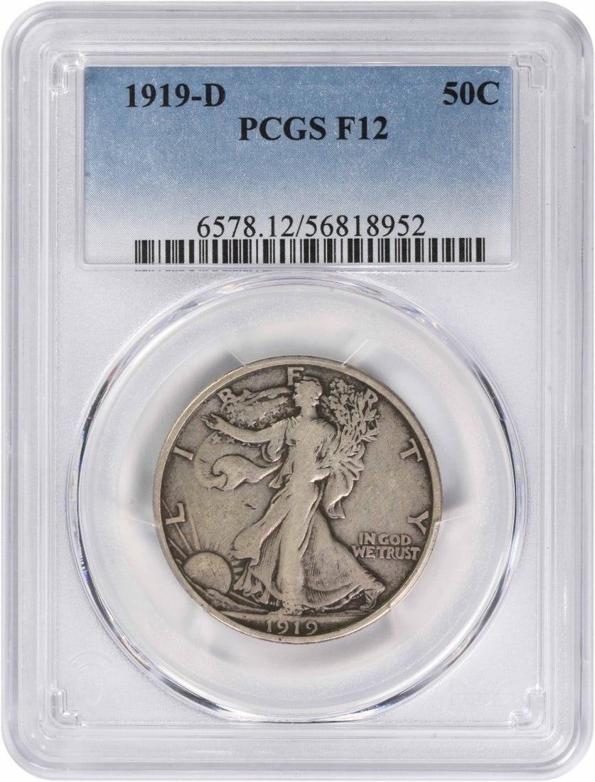 PCGS F12 1919 Denver Liberty Walking Silver 50C Half Dollar Coin: PCGS F12 1919 Denver Liberty Walking Silver 50C Half Dollar Coin This 1919-D Walking Liberty Half Dollar is certified by PCGS and features a Fine 12 (F12) grade. Minted in Denver, it is composed of 90