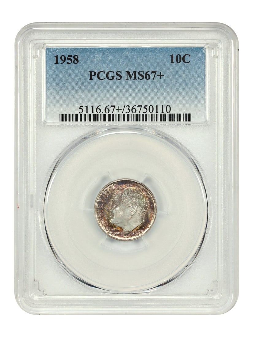 PCGS MS67 Plus 1958 Roosevelt Dime Philadelphia Uncirculated 10C: PCGS MS67 Plus 1958 Roosevelt Dime Philadelphia Uncirculated 10C This 1958 Roosevelt Dime is graded MS67+ by PCGS, indicating a high-quality, uncirculated coin. The dime displays a deep array of color
