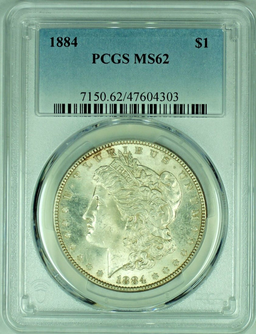 PCGS MS 62 Certified 1884 Morgan Silver Dollar Uncirculated $1 Coin (1 of 2)