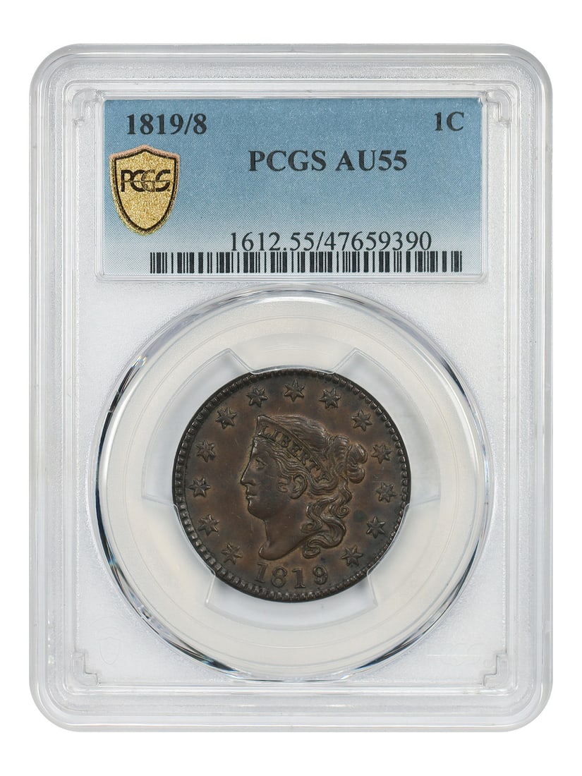 1819 Over 8 Coronet Head Cent PCGS AU55 Certified One Cent Coin (1 of 4)