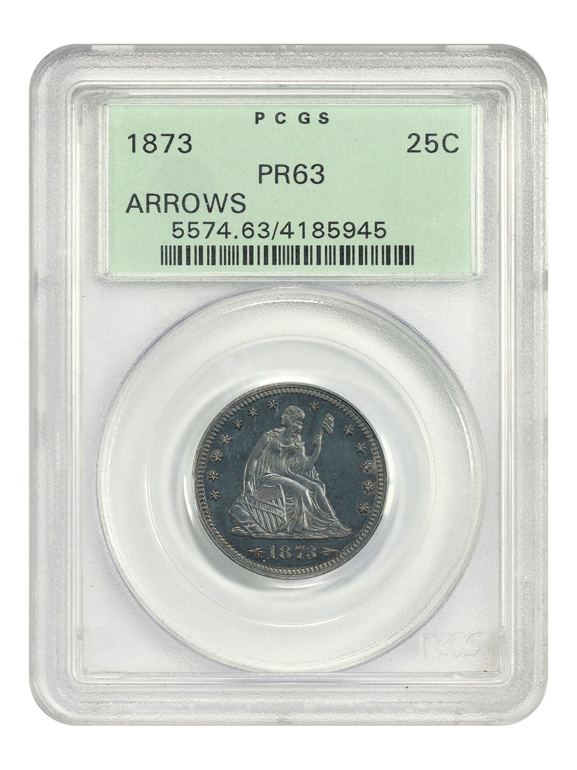 1873 Proof Liberty Seated Quarter With Arrows PCGS PR63 OGH: 1873 Proof Liberty Seated Quarter With Arrows PCGS PR63 OGH This is an 1873 Liberty Seated Quarter, featuring arrows at the date, graded PR63 by PCGS. Struck in Philadelphia, this proof coin is part o