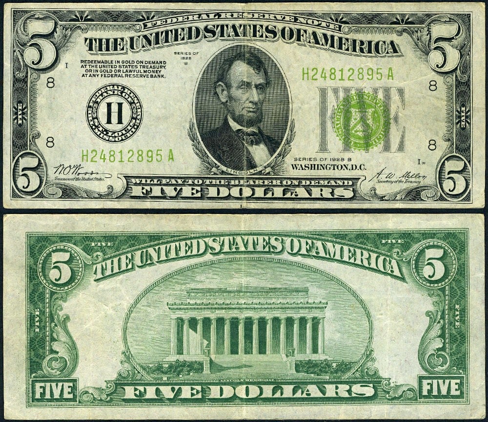 1928-B $5 Federal Reserve Note St. Louis H-A Block VF+ (1 of 3)