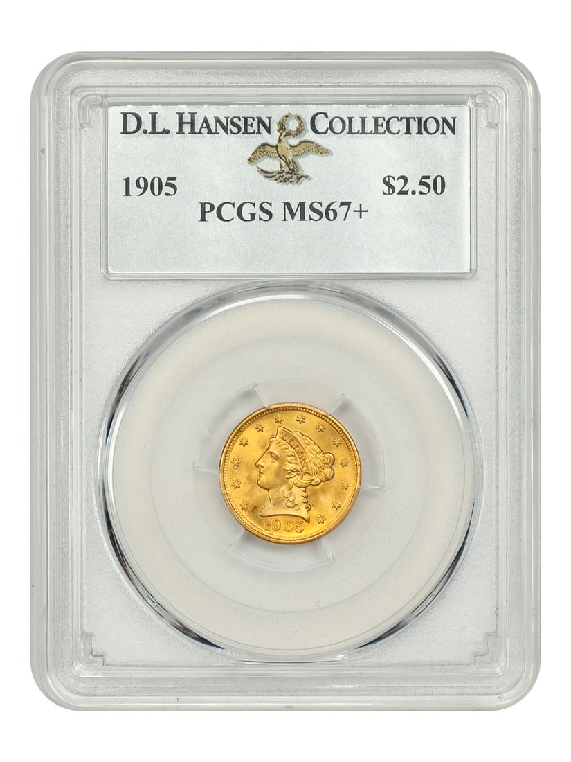 1905 PCGS MS67+ Liberty Head $2.50 Gold Coin D.L. Hansen: 1905 PCGS MS67+ Liberty Head $2.50 Gold Coin D.L. Hansen This stunning 1905 Liberty Head $2.50 gold coin is graded PCGS MS67+, representing an exceptional example of this type. With a denomination of