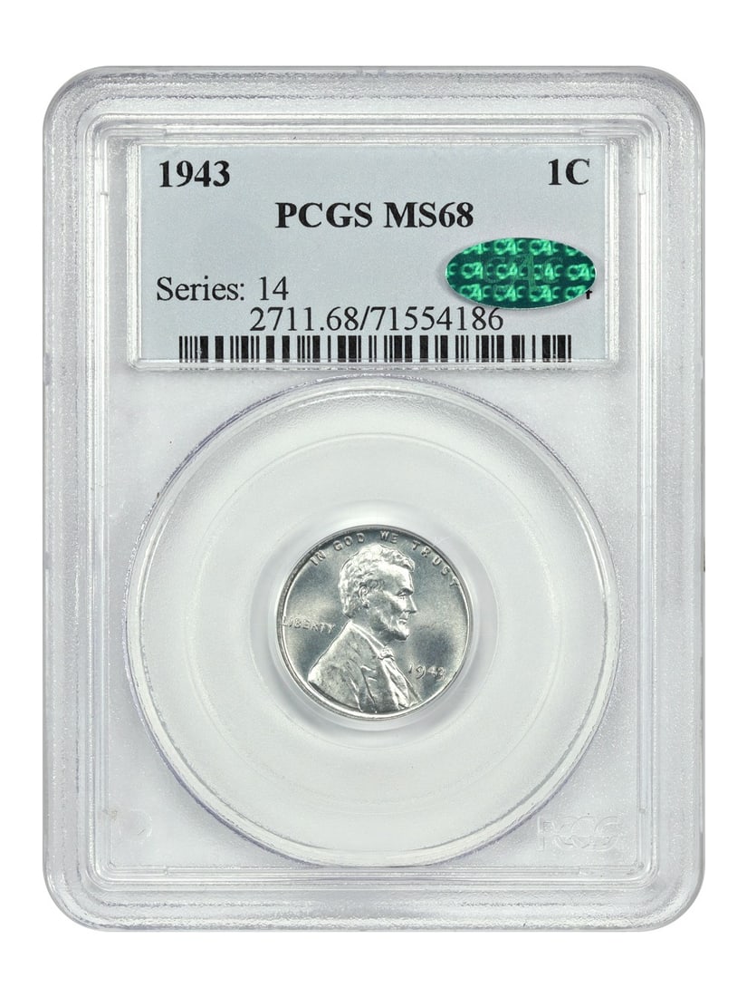 PCGS CAC MS68 1943 Steel Wheat Lincoln Cent World War II Issue: PCGS CAC MS68 1943 Steel Wheat Lincoln Cent World War II Issue This 1943 Lincoln Cent (Wheat Reverse) is a highly collectible steel cent produced during World War II. Graded MS68 by PCGS and approved