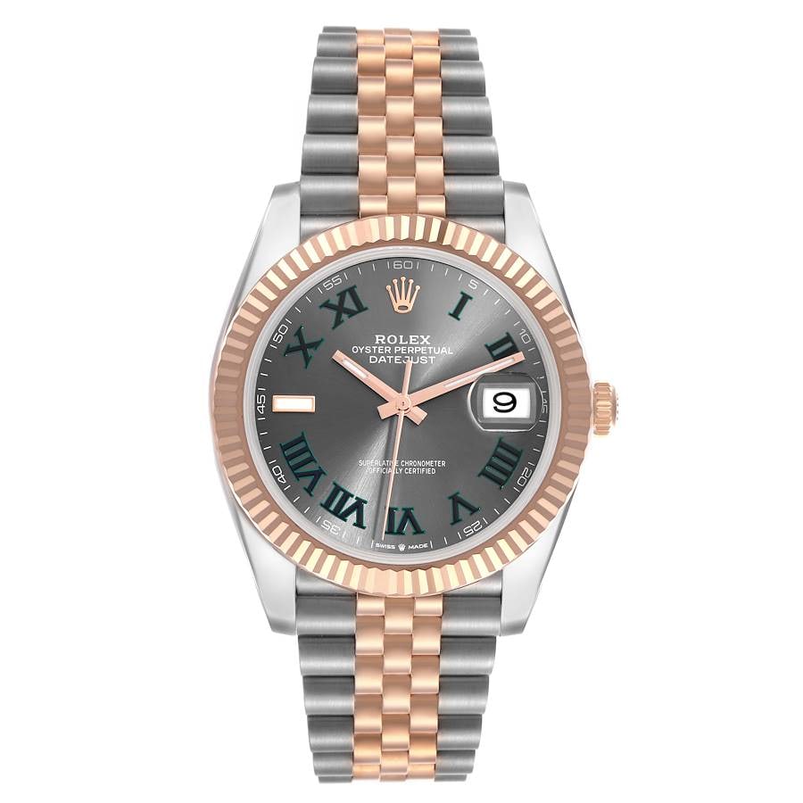 Rolex Datejust Ref 126331 Slate Green Roman Dial Jubilee Bracelet 2020 Card: Rolex Datejust Ref 126331 Slate Green Roman Dial Jubilee Bracelet 2020 Card This Rolex Datejust watch features a chocolate index dial and a fluted bezel. It is equipped with an Oyster bracelet and com