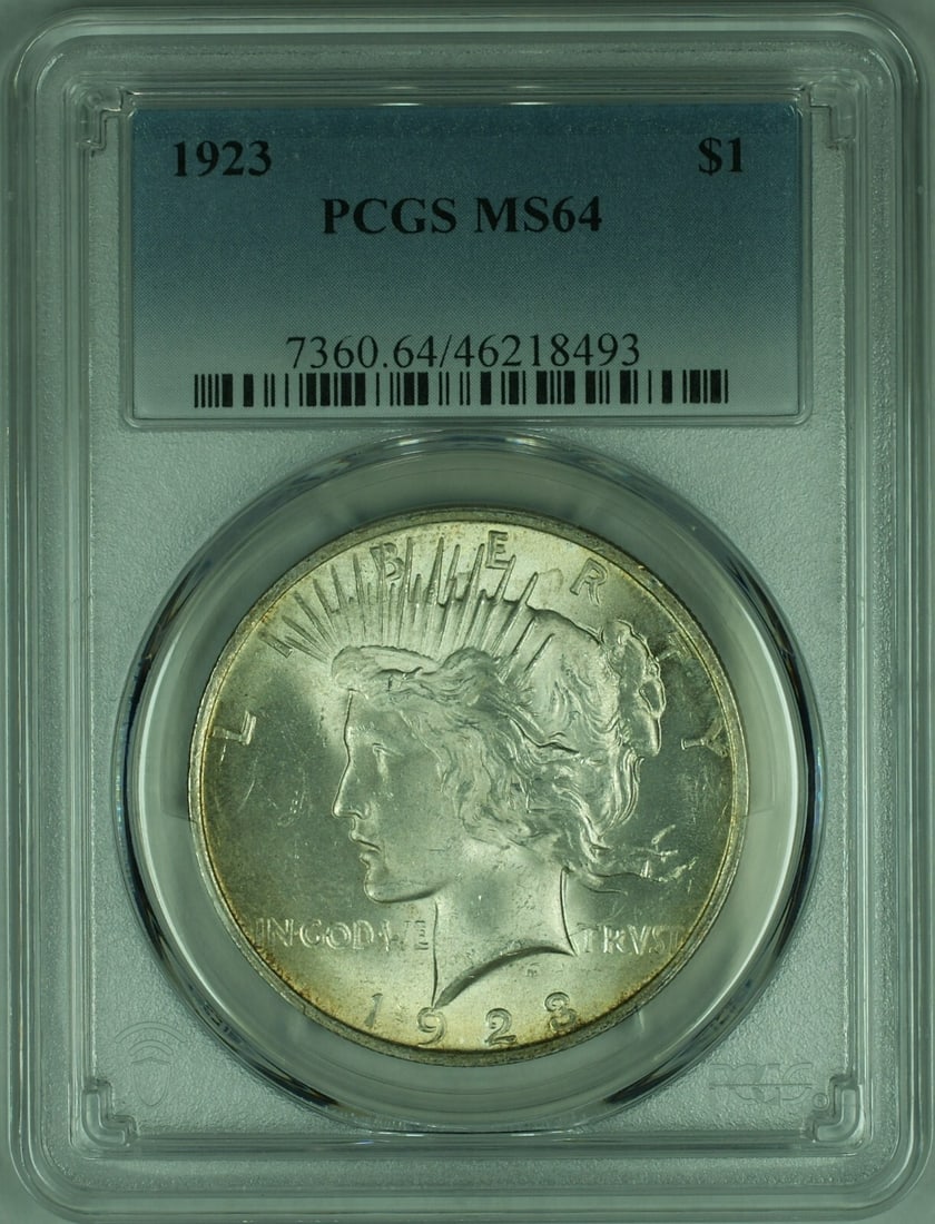PCGS MS-64 1923 Peace Dollar Silver Coin With Light Toning: PCGS MS-64 1923 Peace Dollar Silver Coin With Light Toning This is a 1923 Peace Silver Dollar graded MS-64 by PCGS. The coin is uncirculated and features light toning. It was minted in Philadelphia an