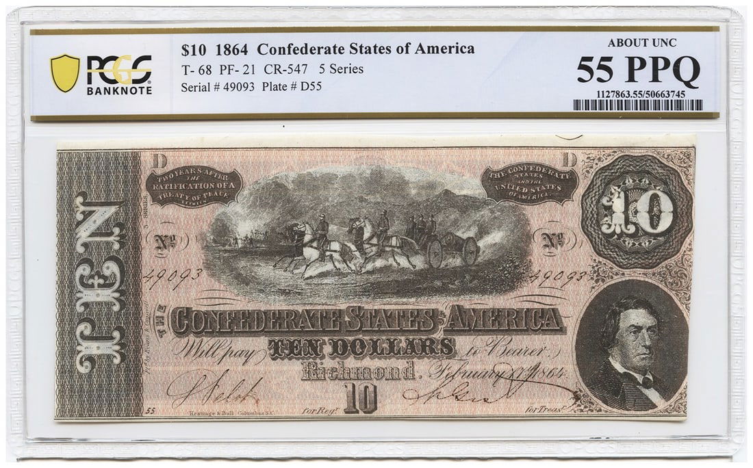 1864 $10 Confederate States Note PCGS AU55 EPQ Popular Issue: 1864 $10 Confederate States Note PCGS AU55 EPQ Popular Issue This 1864 $10 Confederate States of America note is certified by PCGS with an AU55 EPQ grade, indicating it is in excellent condition for a
