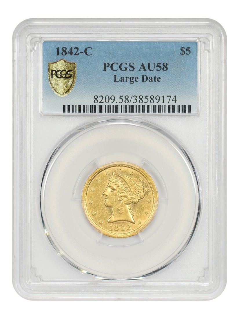 1842-C Liberty Head $5 Gold Coin Large Date PCGS AU58: 1842-C Liberty Head $5 Gold Coin Large Date PCGS AU58 This is an 1842-C Liberty Head $5 gold coin, graded AU58 by PCGS. Struck at the Charlotte Mint, this coin is a scarce and desirable issue with a m