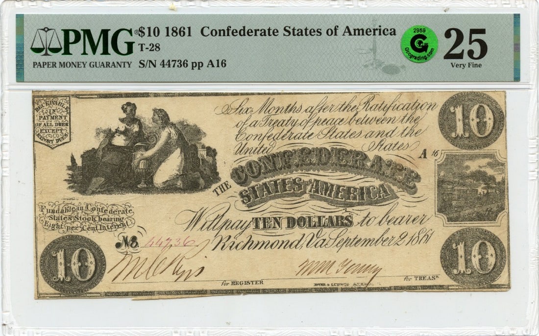 1861 $10 Confederate T-28 PMG VF25 Circulated Note (1 of 3)