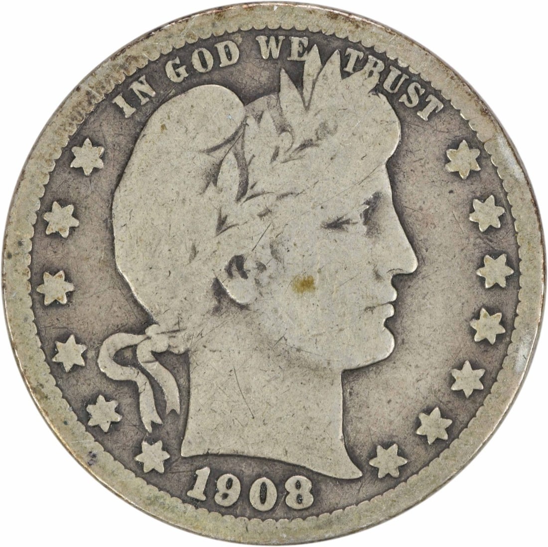 1908-S Barber Silver Quarter 25C VG Circulated US Coin: 1908-S Barber Silver Quarter 25C VG Circulated US Coin This 1908-S Barber Silver Quarter is a classic piece of American numismatic history. Struck in 1908 at the San Francisco Mint, this coin features