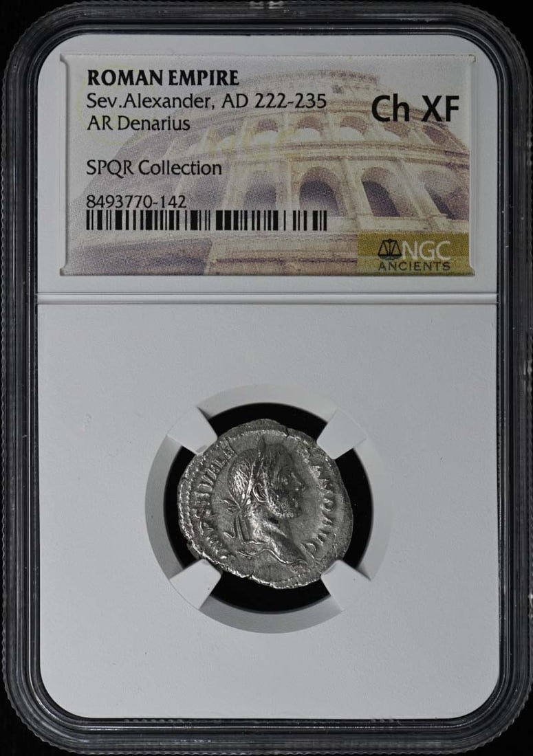NGC XF45 Silver Denarius of Sev Alexander Ancient Rome: NGC XF45 Silver Denarius of Sev Alexander Ancient Rome This is a Roman Empire AR Denarius coin from the reign of Severus Alexander, dating to AD 222-235. The coin has been certified by NGC and graded