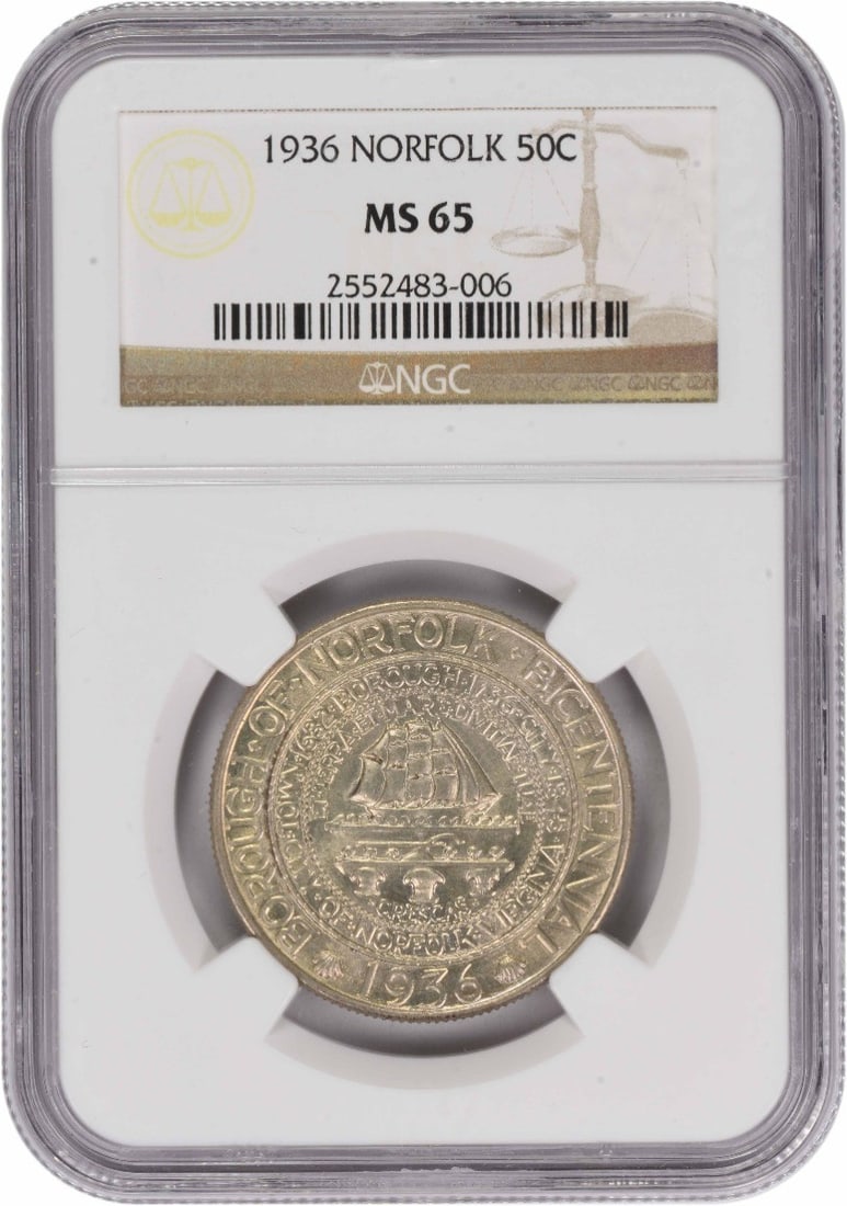 1936 Norfolk Silver Half Dollar MS65 NGC Commemorative Coin (1 of 2)