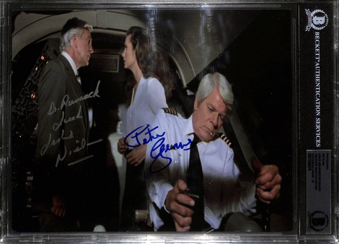 Airplane 8x10 Photograph Signed by Leslie Nielsen and Peter Graves BAS 10: Airplane 8x10 Photograph Signed by Leslie Nielsen and Peter Graves BAS 10 This is an original 8x10 photograph from the movie Airplane! signed by Leslie Nielsen as Dr. Rumack and Peter Graves as Captai