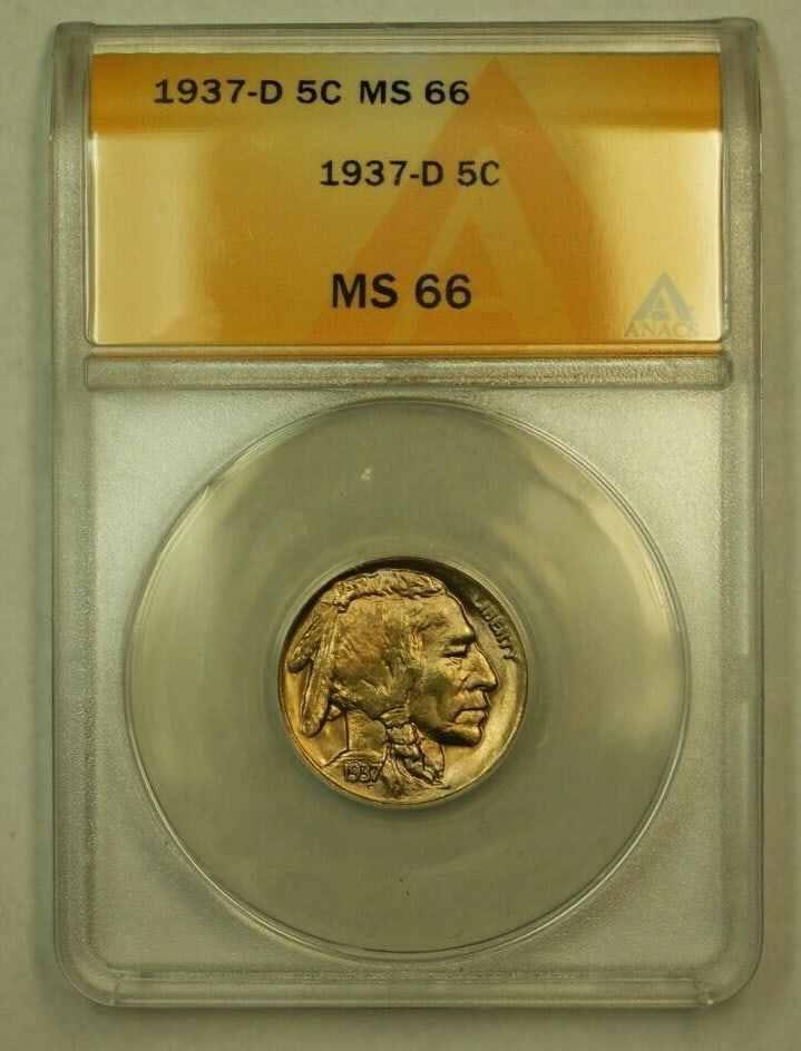 1937-D Buffalo Nickel 5c ANACS MS-66 Uncirculated Denver Mint (1 of 2)