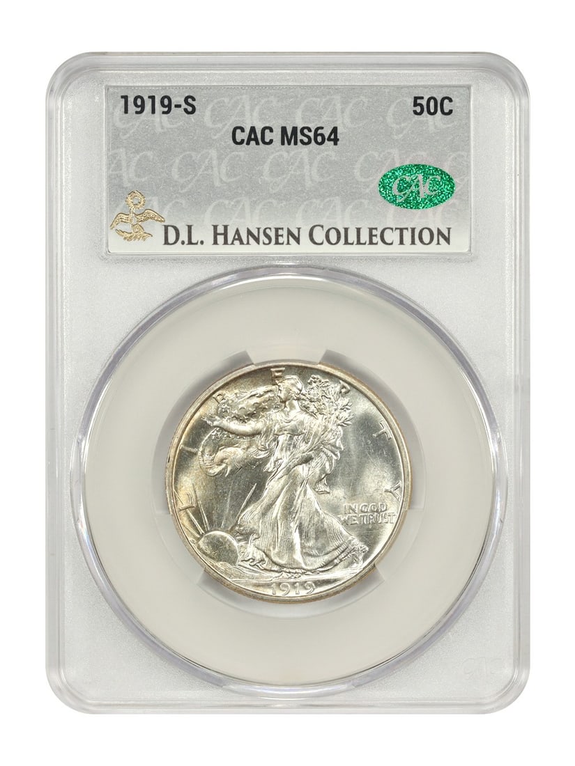 CACG MS64 1919-S Walking Liberty 50C Half Dollar ex D.L. Hansen: CACG MS64 1919-S Walking Liberty 50C Half Dollar ex D.L. Hansen This 1919-S Walking Liberty Half Dollar is a certified uncirculated coin graded MS64 by CACG, with certification number 970795450. Minte