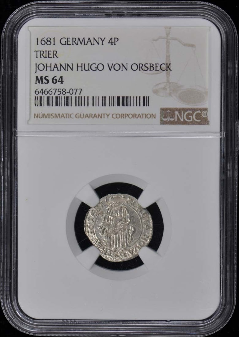 1681 German 4 Pence Coin Johann Hugo Von Orsbeck NGC MS63: 1681 German 4 Pence Coin Johann Hugo Von Orsbeck NGC MS63 This is an uncirculated 1681 4 Pence coin from Germany, issued by Johann Hugo Von Orsbeck of Trier. Graded by NGC, it holds a certification nu