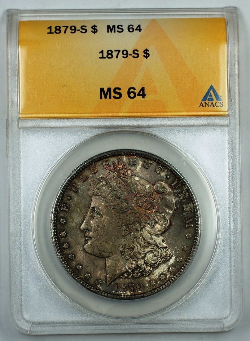 ANACS MS 64 1879-S Toned Morgan Silver Dollar Uncirculated Coin: ANACS MS 64 1879-S Toned Morgan Silver Dollar Uncirculated Coin This is an uncirculated 1879-S Morgan Silver Dollar coin, graded MS 64 by ANACS. The coin was minted in San Francisco and features a ton